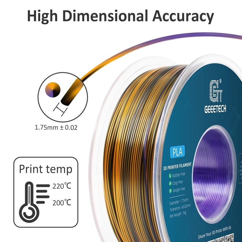 Geeetech Silk PLA Tri Color Filament 1.75mm 3D Printer Filament, Coextrusion Purple Gold Black Tri-Colors Metal-Like Shiny Silk PLA Filament, 1kg (2.2lbs) 1 Spool, Dimensional Accuracy +/- 0.02 mm - Image 4